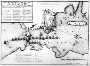 Plan van de Baai en Stad van Rio de Janeiro en de opstelling van de Franse en Portugese zeemachten tijdens de Franse aanval onder Duguay-Trouin in 1711, ca. 1730